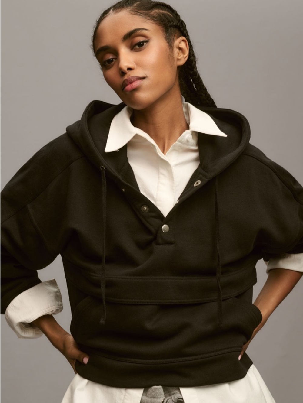 Grey Hooded Snap-Front Sweatshirt